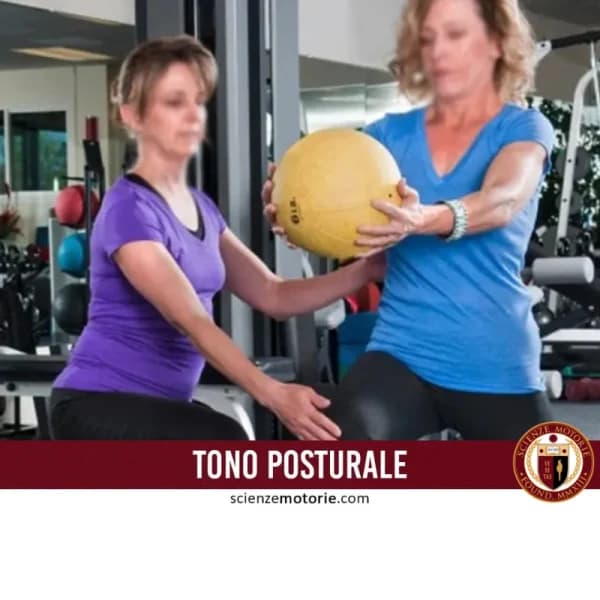 Due persone in palestra eseguono un esercizio con la palla medica. Una guida l’altra. Sullo sfondo attrezzature ginniche e uno specchio. In basso, la scritta “TONO POSTURALE” e il logo Scienze Motorie.