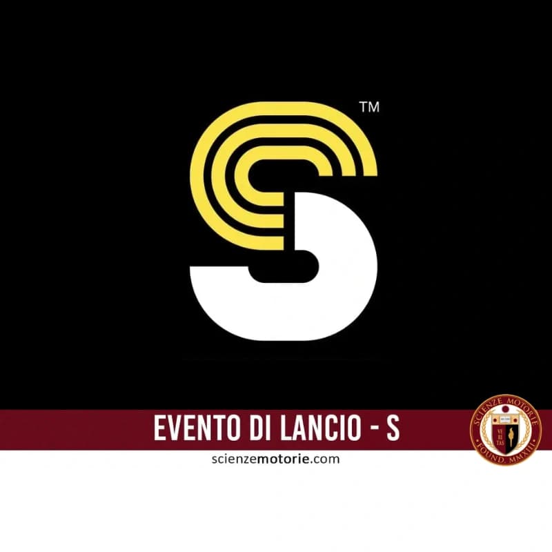 L’immagine presenta il logo grafico dell’evento di lancio del progetto "S" promosso da Scienze Motorie. Al centro è visibile una "S" stilizzata, divisa verticalmente in due colori: giallo a sinistra e bianco a destra, su sfondo nero. Al di sotto del logo si trova una fascia rossa con la scritta "EVENTO DI LANCIO - S" in bianco, a caratteri maiuscoli. In basso compare il logo di scienzemotorie.com