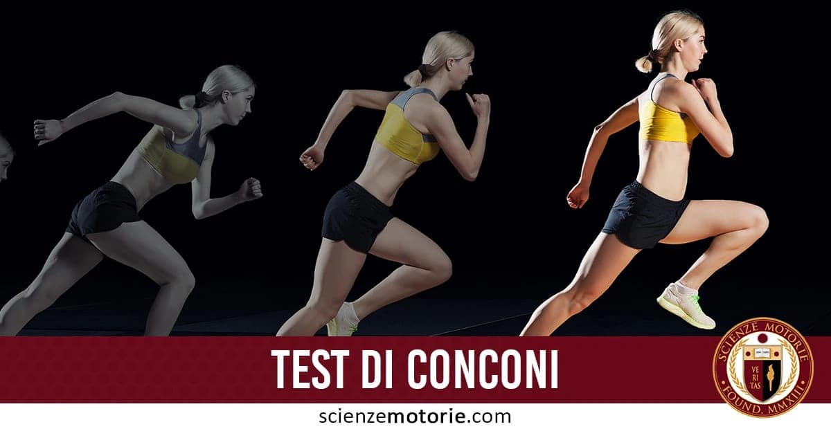 Sequenza visiva di una donna che corre per il Test di Conconi, con focus finale a colori e scritta "Test di Conconi" in evidenza insieme al logo di ScienzeMotorie.com
