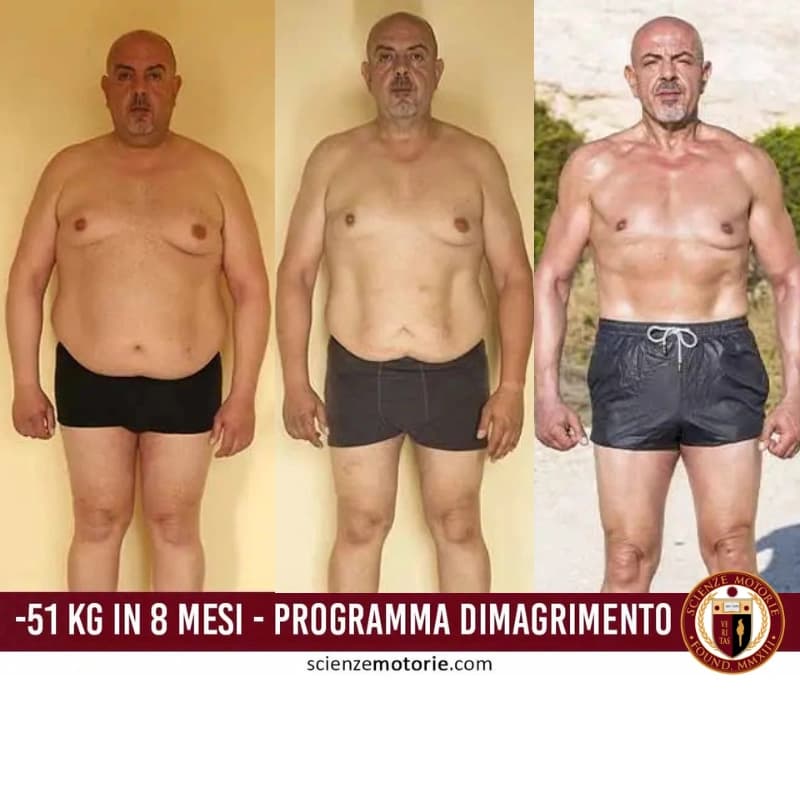 Sequenza di trasformazione fisica di un uomo che mostra una perdita di 51 kg in 8 mesi, da sovrappeso a fisico tonico e muscoloso. In basso il testo “Programma Dimagrimento” e il logo Scienze Motorie.