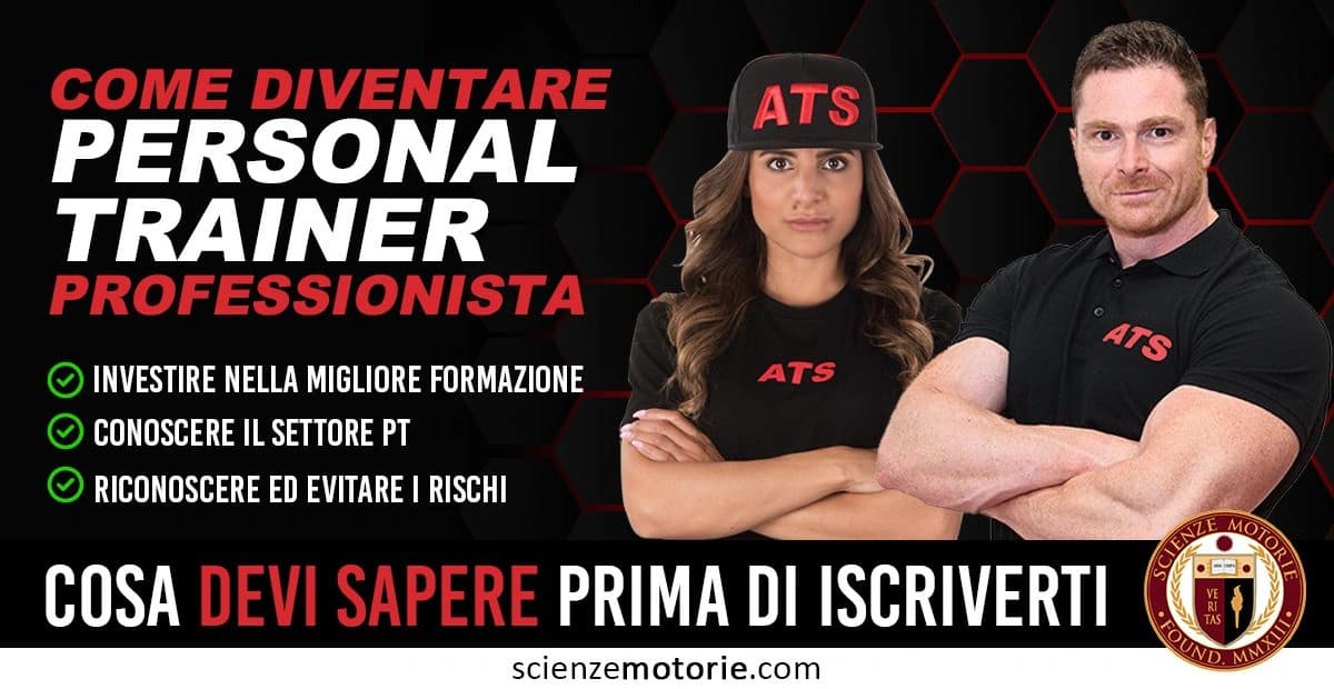 Pubblicità per un corso per diventare personal trainer professionista con due persone che indossano abbigliamento con logo "ATS". Il testo enfatizza l'importanza della formazione, la conoscenza del settore PT e la gestione dei rischi.