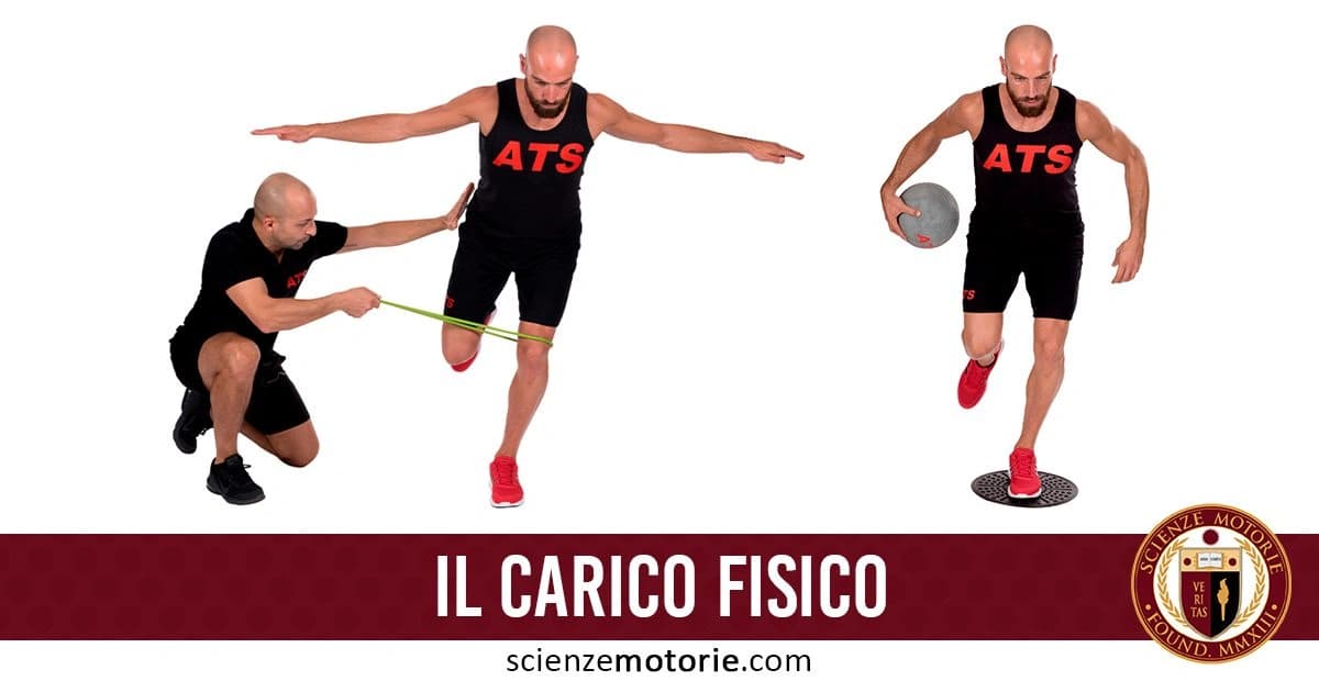Questa immagine mostra due persone che stanno facendo esercizi fisici con abbigliamento sportivo nero e il logo di istituto ATS. A sinistra ci sono due persone un atleta e un allenatore che utilizza un elastico per eseguire un esercizio, mentre a destra una persona tiene una palla medica su una pedana d'equilibrio. In basso c'è la scritta "IL CARICO FISICO" e il logo di scienzemotorie.com.