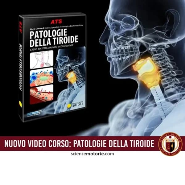 Copertina del video corso "Patologie della Tiroide" con un'immagine stilizzata del corpo umano e la tiroide evidenziata. La fascia rossa sottostante presenta il testo “Nuovo video corso: Patologie della Tiroide” insieme al logo di Scienze Motorie.