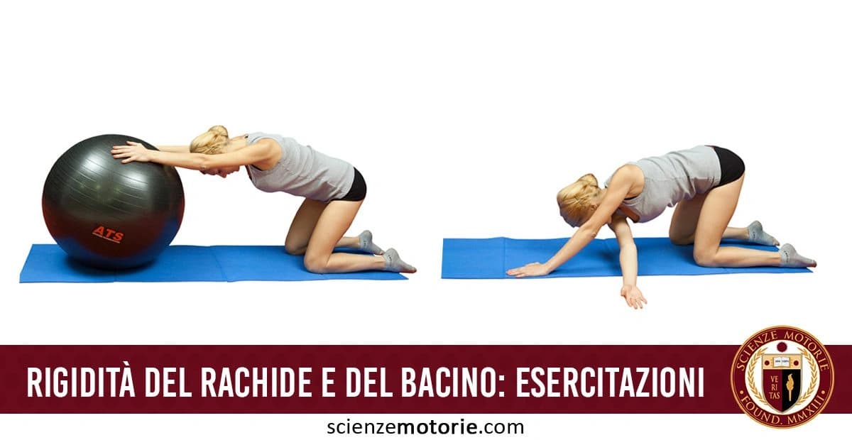Due esercizi per migliorare la mobilità del rachide e del bacino: a sinistra, una persona inginocchiata con le braccia distese su una palla da esercizio con il logo di Istituto ATS; a destra, la stessa persona con un braccio disteso sul tappetino. l'immagine è accompagnata dal logo di Scienze Motorie
