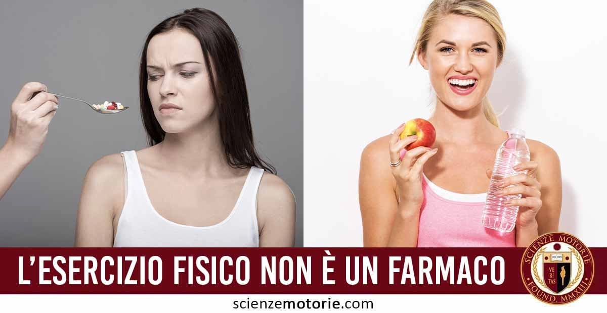 Due donne in situazioni diverse: una con un'espressione scettica mentre una mano le offre un cucchiaio con pillole e l'altra sorridente, mentre tiene una mela e una bottiglia d'acqua. l'immagine è accompagnata dalla scritta "L’Esercizio fisico non è un farmaco" e dal logo di ScienzeMotorie.com