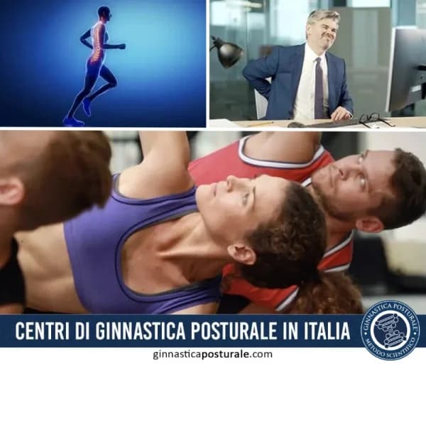Immagine divisa in tre sezioni: persone che praticano ginnastica posturale e stretching, una rappresentazione grafica della colonna vertebrale evidenziata e un uomo con mal di schiena seduto al computer. In basso, testo che promuove i centri di ginnastica posturale in Italia con il logo "Ginnastica Posturale Metodo Scientifico"