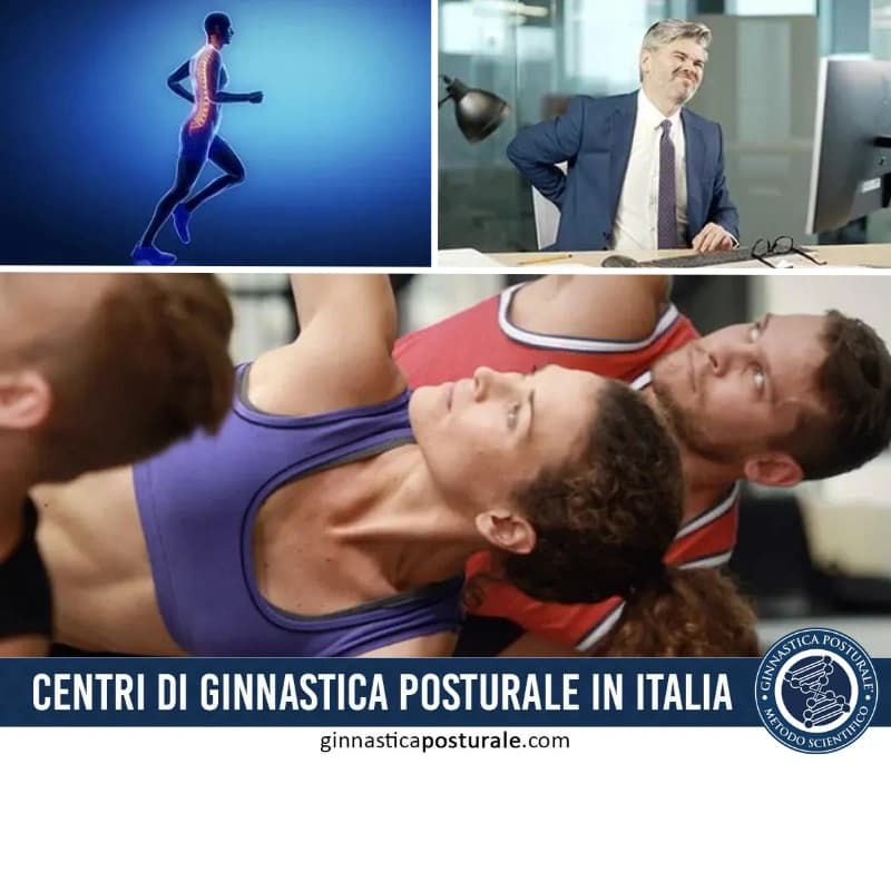 Immagine divisa in tre sezioni: persone che praticano ginnastica posturale e stretching, una rappresentazione grafica della colonna vertebrale evidenziata e un uomo con mal di schiena seduto al computer. In basso, testo che promuove i centri di ginnastica posturale in Italia con il logo "Ginnastica Posturale Metodo Scientifico"
