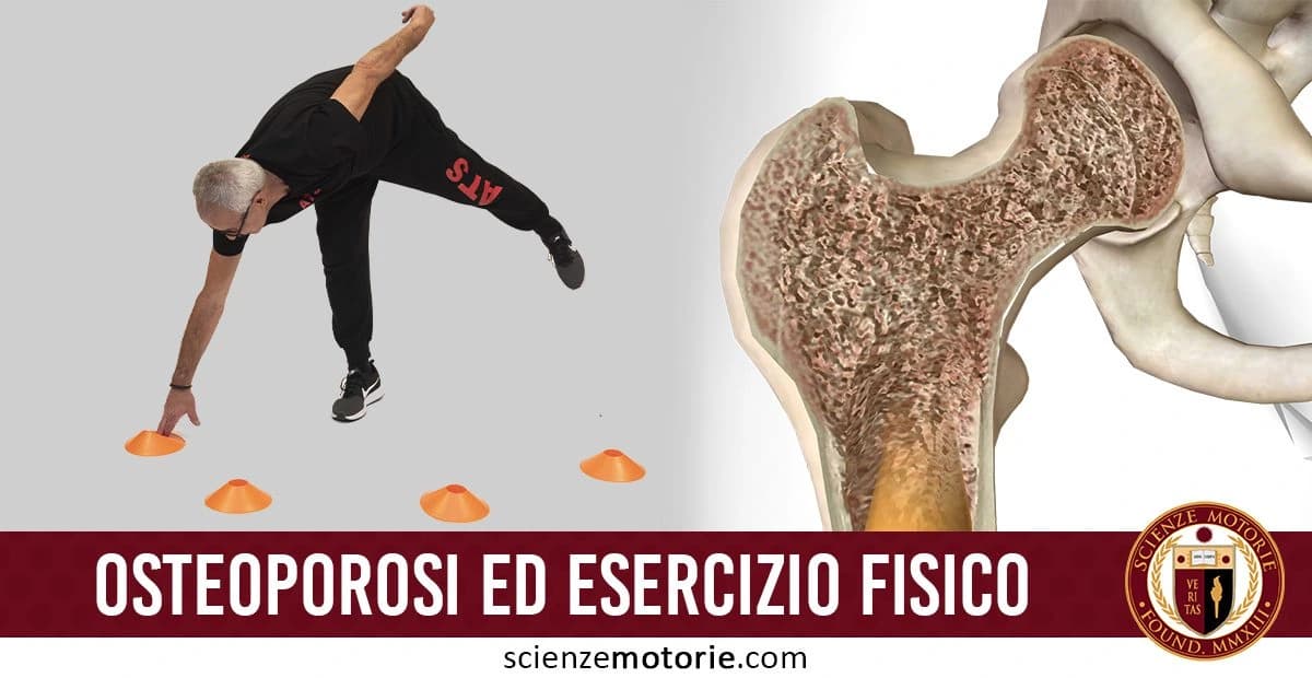Immagine divisa in due parti: a sinistra una persona che esegue esercizi con coni arancioni, a destra un'illustrazione di una sezione trasversale dell'osso dell'anca, con il testo 'Osteoporosi ed Esercizio Fisico' e il logo 'Scienze Motorie.com