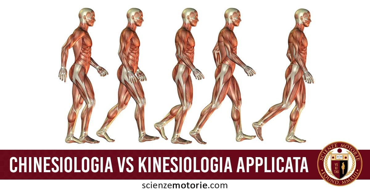 Cinque illustrazioni del corpo umano in movimento, evidenziando la muscolatura durante la camminata con il testo "Chinesiologia vs Kinesiologia Applicata".