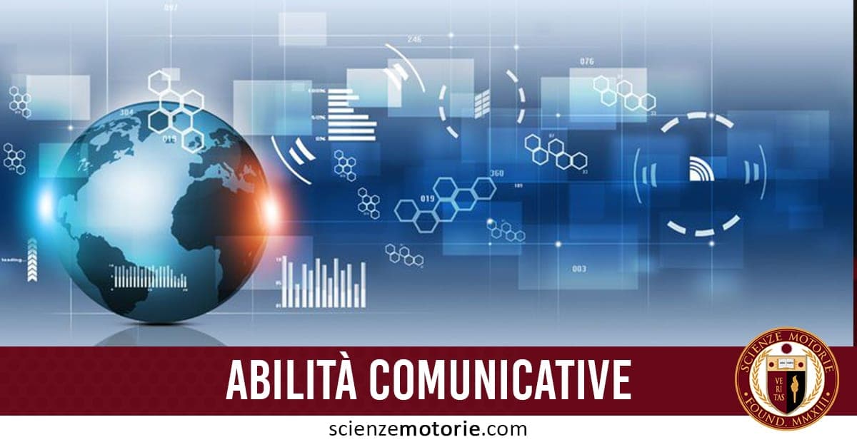Globo terrestre stilizzato con icone tecnologiche, grafici e simboli digitali su sfondo blu futuristico, immagine digitale generata con logo scienzemotorie.com visibile in basso a destra.