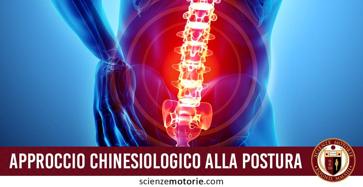 L'immagine mostra una colonna vertebrale con un'area lombare evidenziata in rosso, indicando infiammazione o dolore. Le mani sono posizionate sulla parte bassa della schiena, suggerendo un approccio chinesiologico per il trattamento della postura. In basso, è visibile il testo "Approccio Chinesiologico alla Postura" e il logo di "Scienze Motorie".