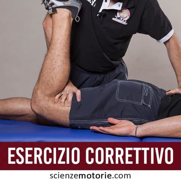 Fisioterapista esegue esercizio correttivo di stretching su paziente sdraiato su lettino blu in centro di riabilitazione, logo Scienze Motorie.
