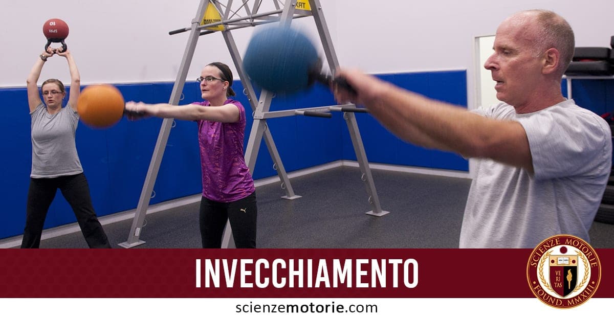 L’immagine mostra tre persone in palestra: una donna solleva una kettlebell rossa, un’altra tiene una palla arancione, e un uomo calvo spinge una palla blu. Lo sfondo moderno include attrezzature e pareti bianche e blu. In basso, una fascia rossa con la scritta “INVECCHIAMENTO” e il logo di Scienze Motorie