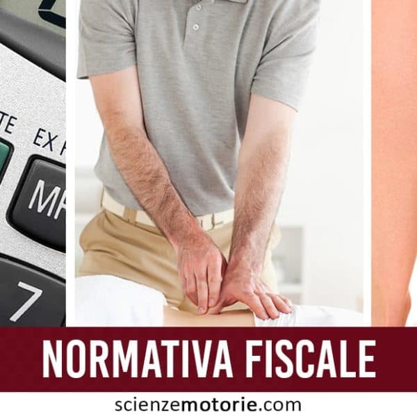 Immagine suddivisa in tre sezioni: a sinistra calcolatrice con tasti TAX+ e TAX- e documenti fiscali, al centro trattamento fisioterapico su torso di una persona, a destra nastro kinesiologico rosa e blu applicato sulla gamba.