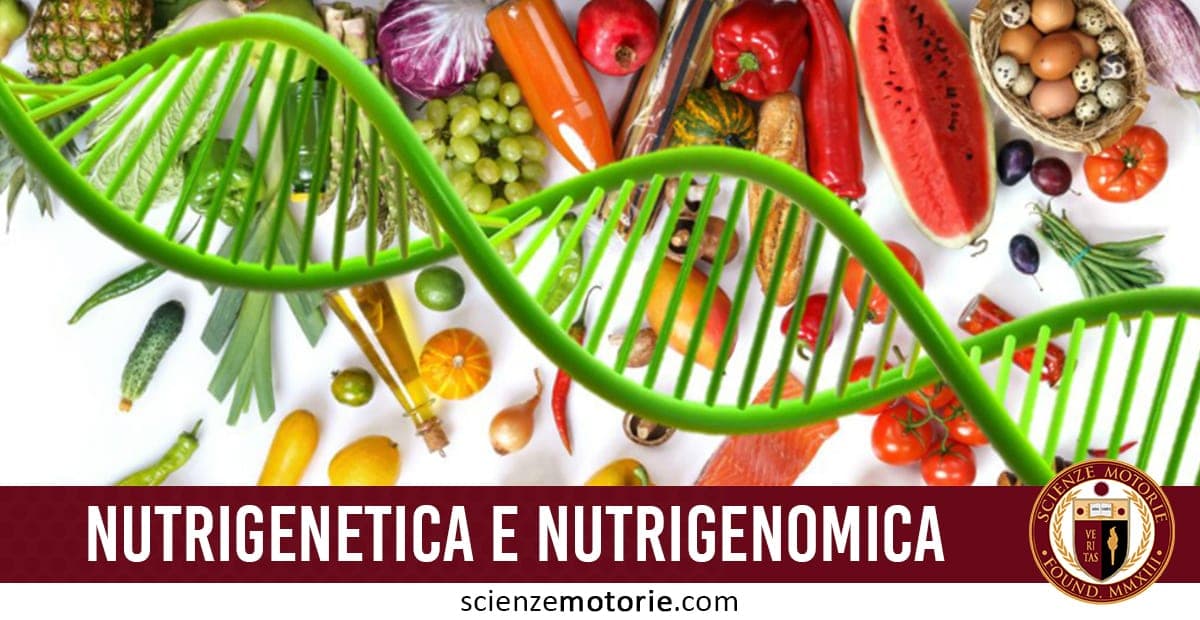Rappresentazione concettuale di nutrigenetica e nutrigenomica con elica di DNA verde sovrapposta a frutta e verdura colorata, barra con testo e logo scienzemotorie.com.