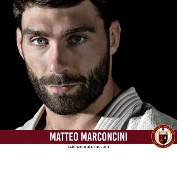 Persona in abiti da judo con sovrapposizioni di figure che mostrano movimenti di judo, con il testo "Matteo Marconcini".