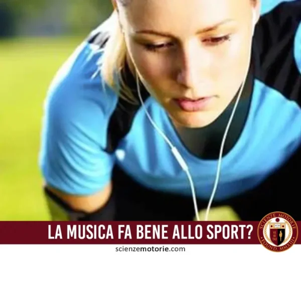 Persona con maglietta azzurra e auricolari che pratica attività sportiva all’aperto, con testo “La musica fa bene allo sport?”.
