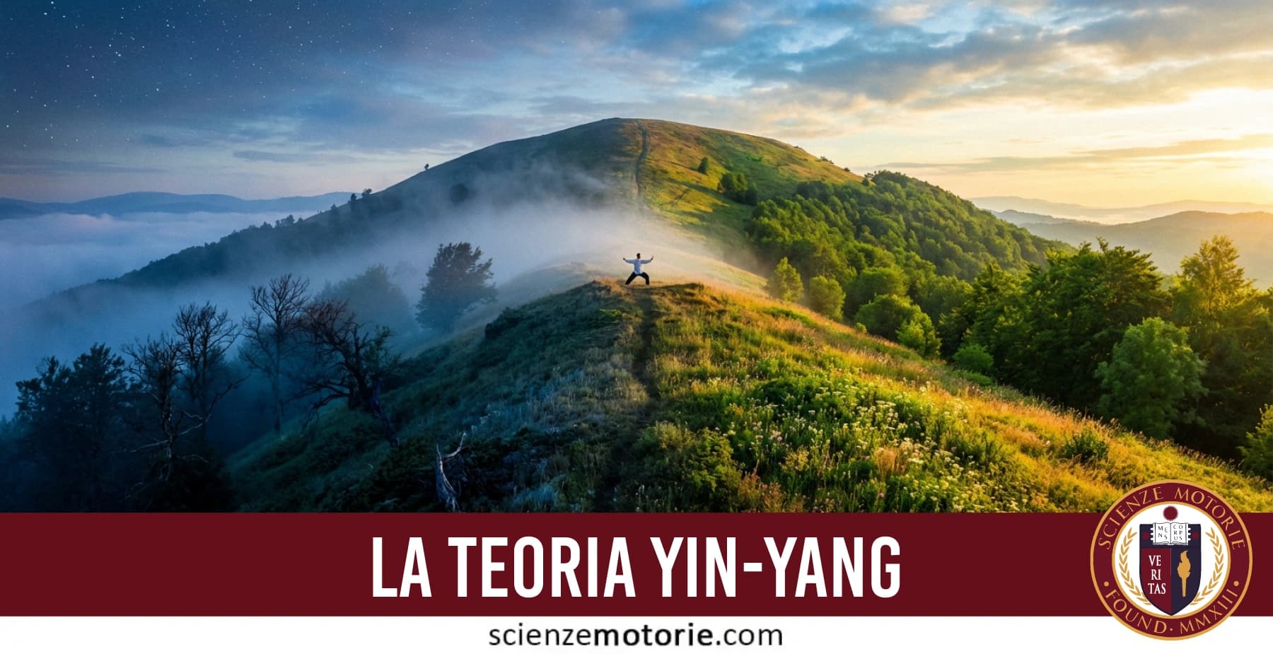 Paesaggio diviso tra Yin e Yang con figura in equilibrio al centro, simbolo dell’armonia tra opposti.